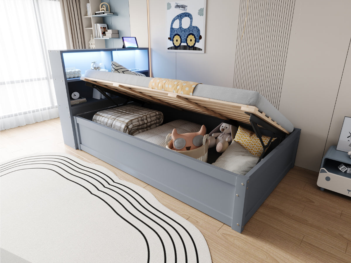 Multifunctional Hydraulic Sofa Bed 90x200 with Storage & LED, Grey