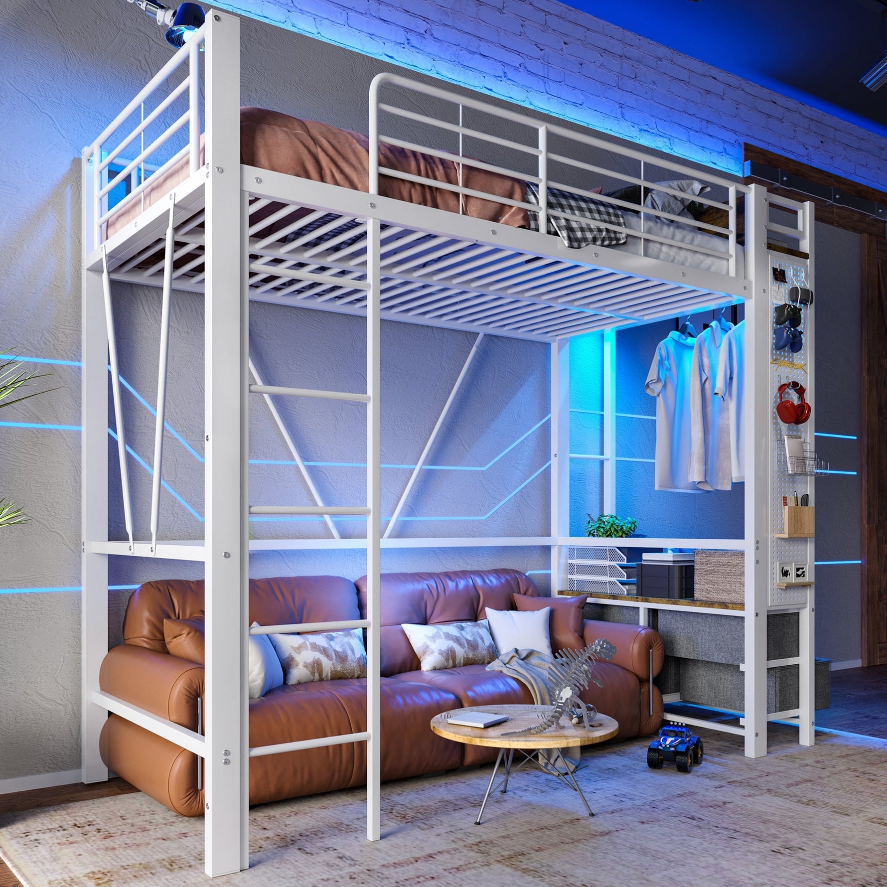 Loft Bed 90x200cm 4 Drawers USB/Type-C LED Pegboard Drying Rack - White Iron Frame