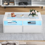 Coffee Table with LED Light and 2 Drawers, Glass and White