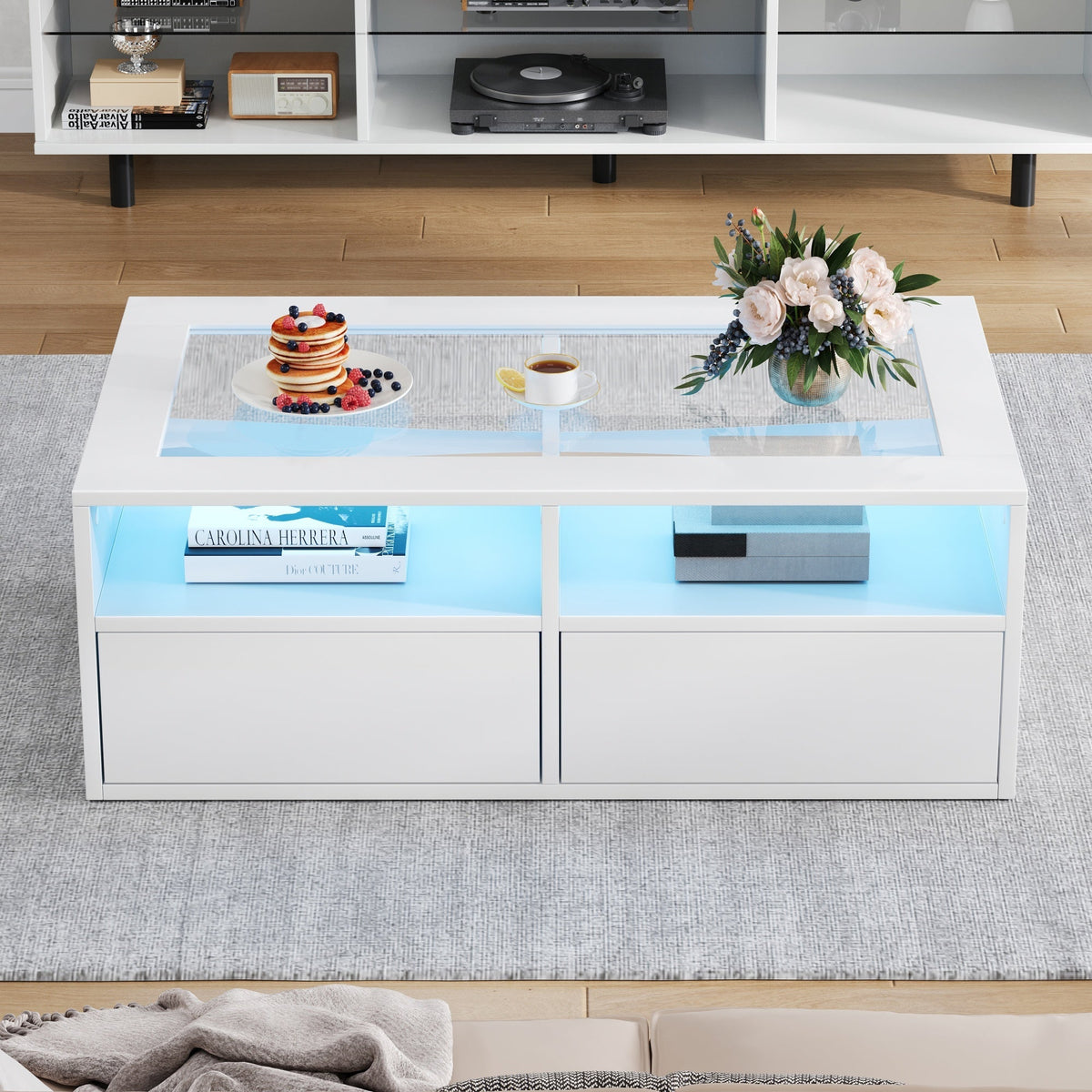 Coffee Table with LED Light and 2 Drawers, Glass and White