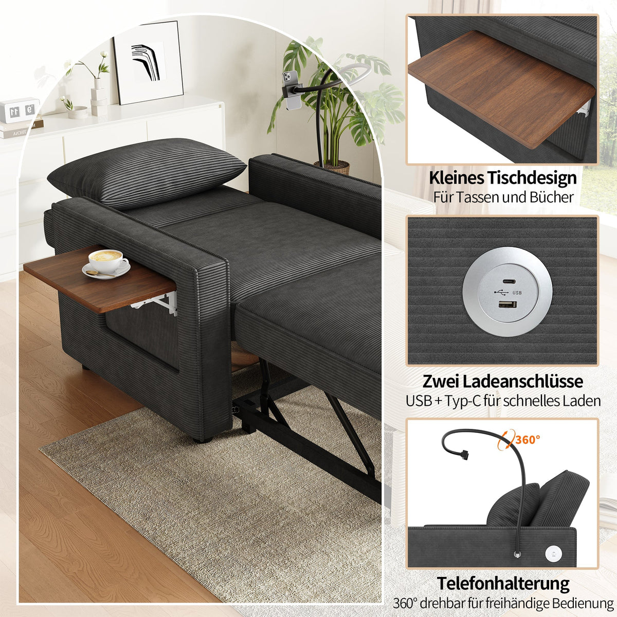 Foldable Sofa Bed, 1-Seater Recliner with USB & Phone Holder, Corduroy Grey