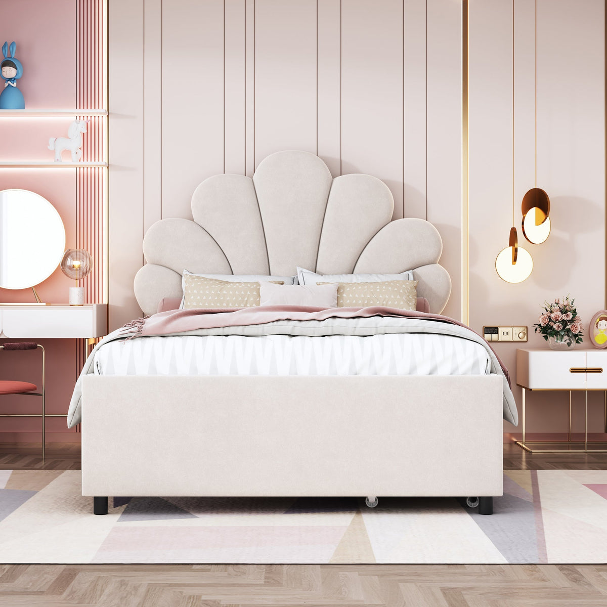 Upholstered Children's Bed 90x200cm Floral Headboard Storage Velvet Beige