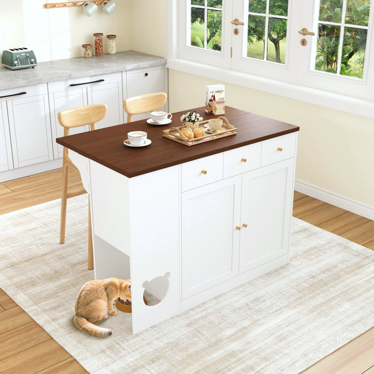 Kitchen Island Trolley Sideboard Drawers Pull-Out Worktop, White + Walnut Color