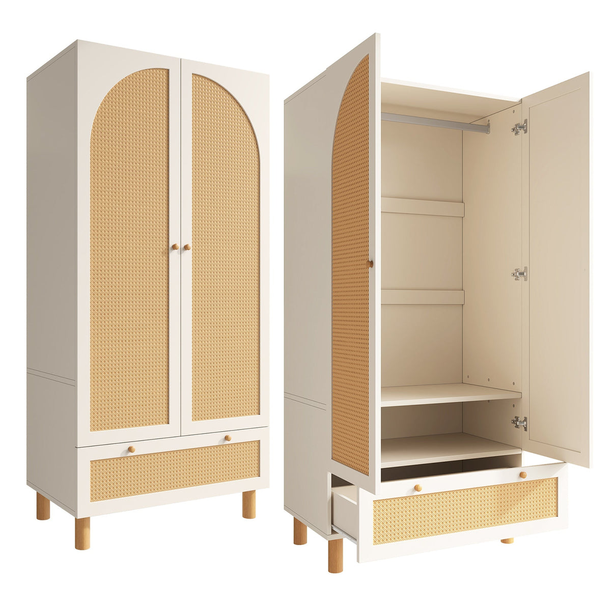 Wardrobe 2 Doors Rattan Large Drawer Adjustable Shelves White