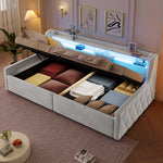 90x200 Platform Bed with Hydraulic Storage & LED, Beige Velvet