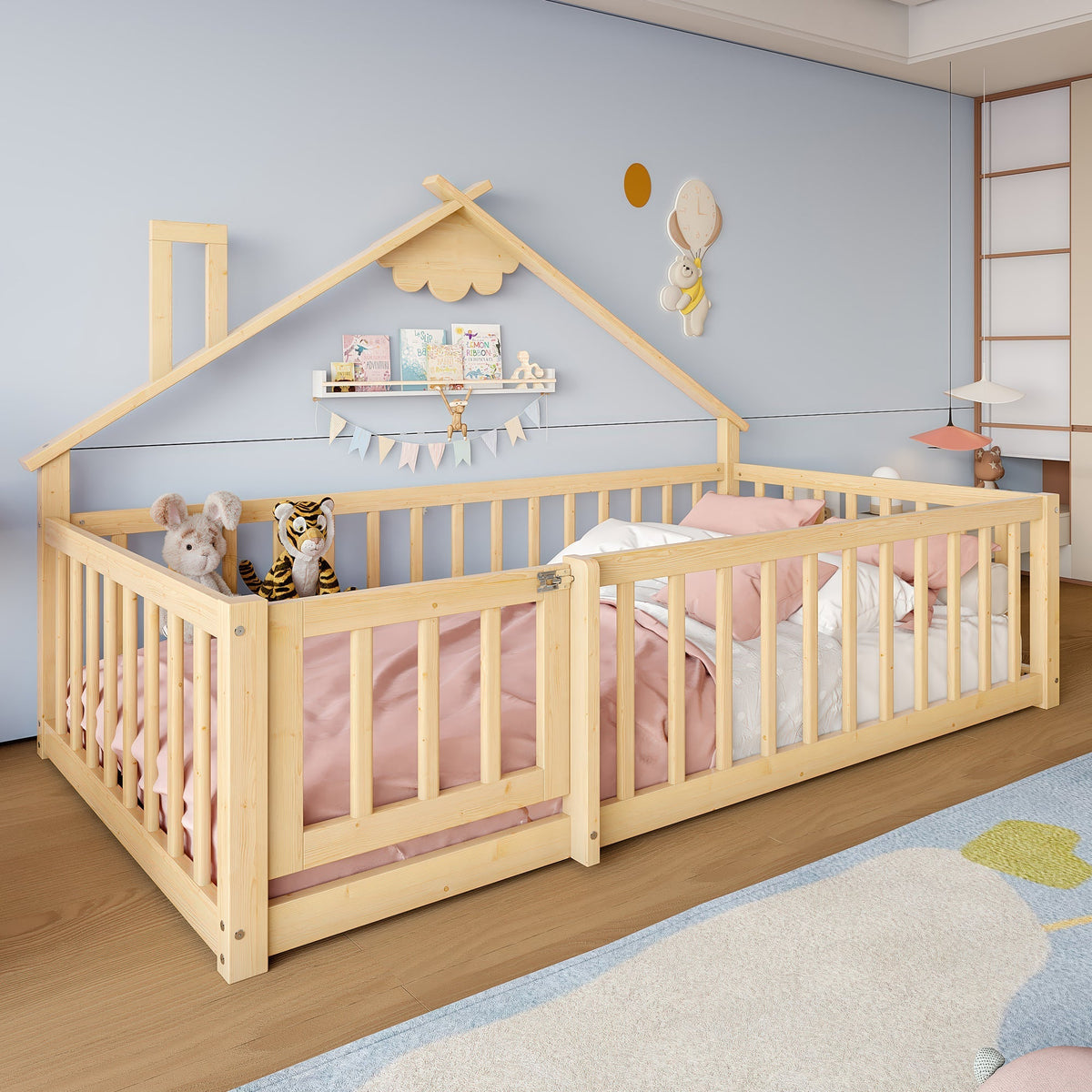 Flatbed 90x190cm House Rail Lockable Railing - Natural Pine Wood