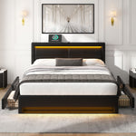 Upholstered Bed 140x190cm LED Light USB Charging 4 Storage Drawers Lychee PU Black