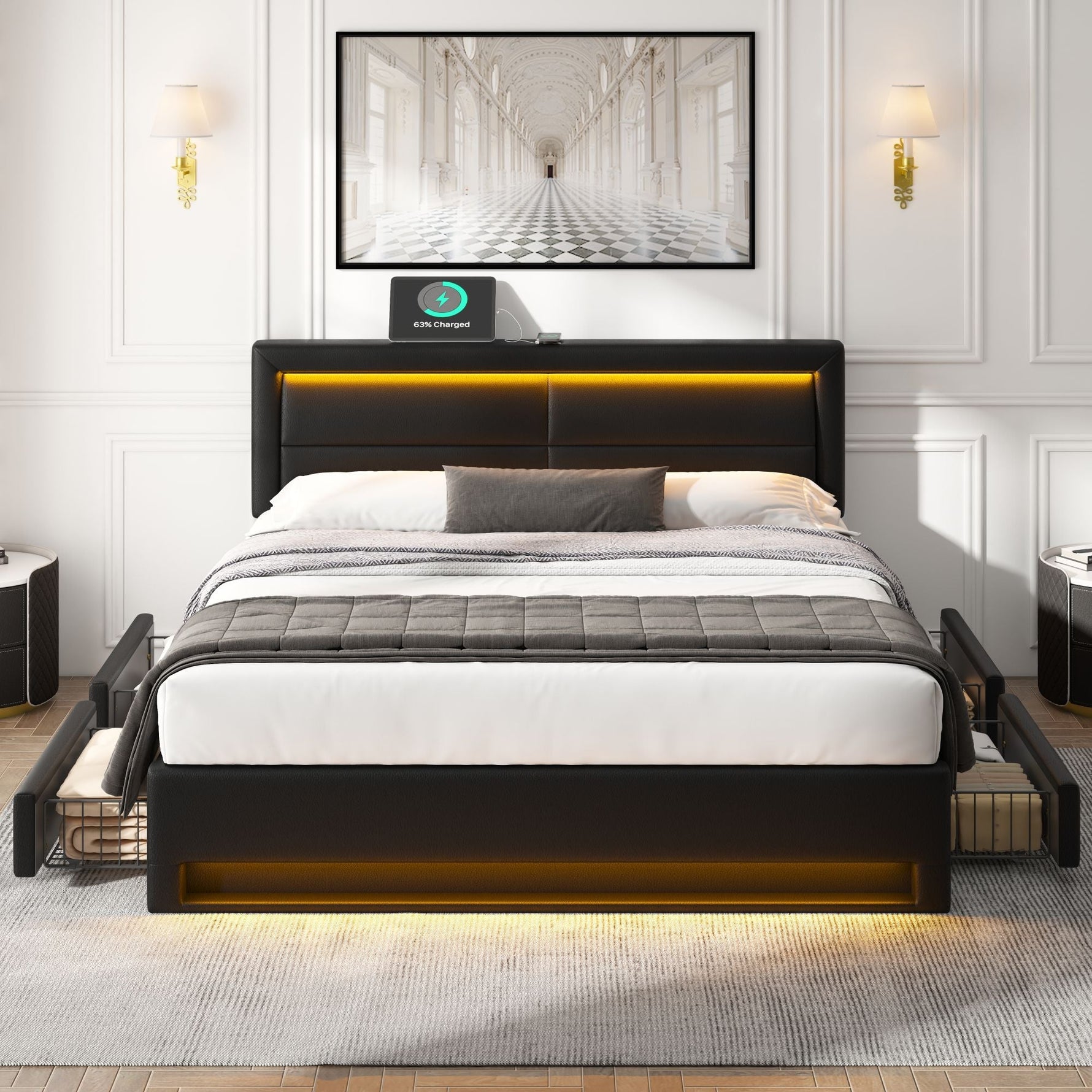 Upholstered Bed 140x190cm LED Light USB Charging 4 Storage Drawers Lychee PU Black