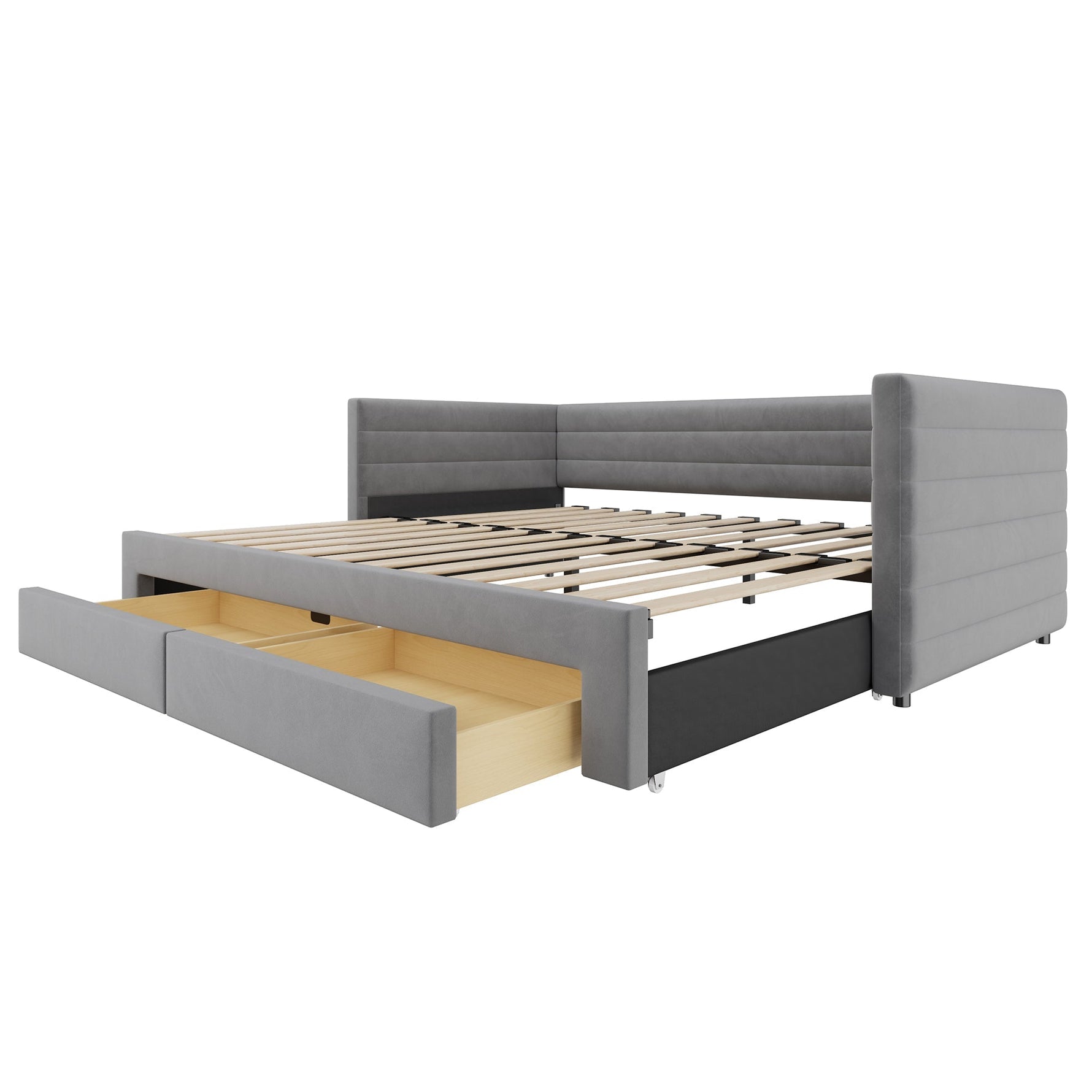 3-in-1 Upholstered Sofa Bed, Extendable with Drawers and Slatted Base, Grey Cotton and Linen