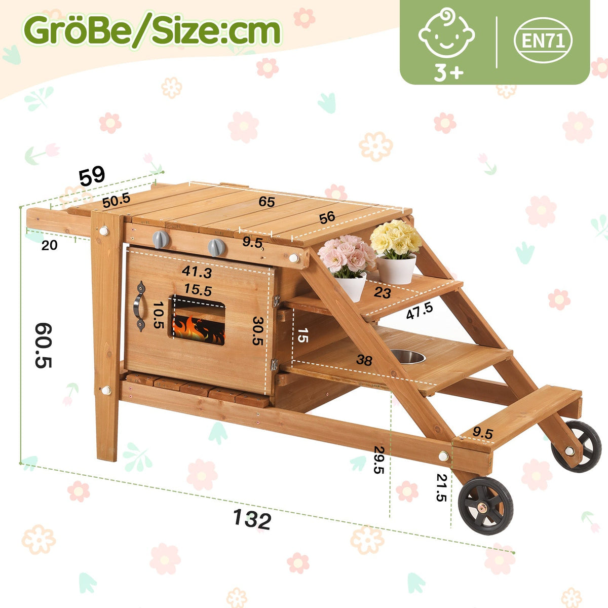 Outdoor Mud Kitchen with Wheels and Accessories, Wooden Garden Play Set, Natural Wood