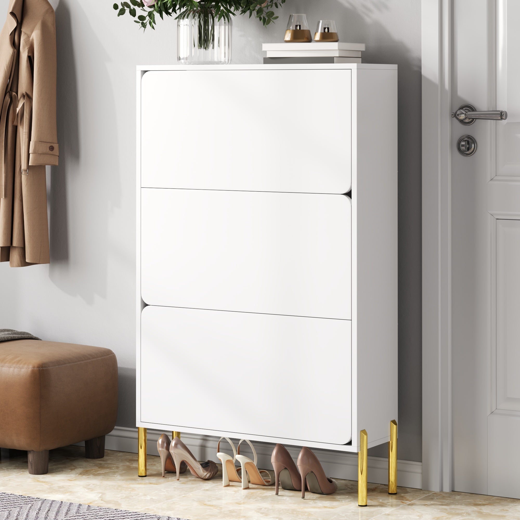 Modern Minimalist Shoe Cabinet with 3 Doors and Large Capacity, White and Gold