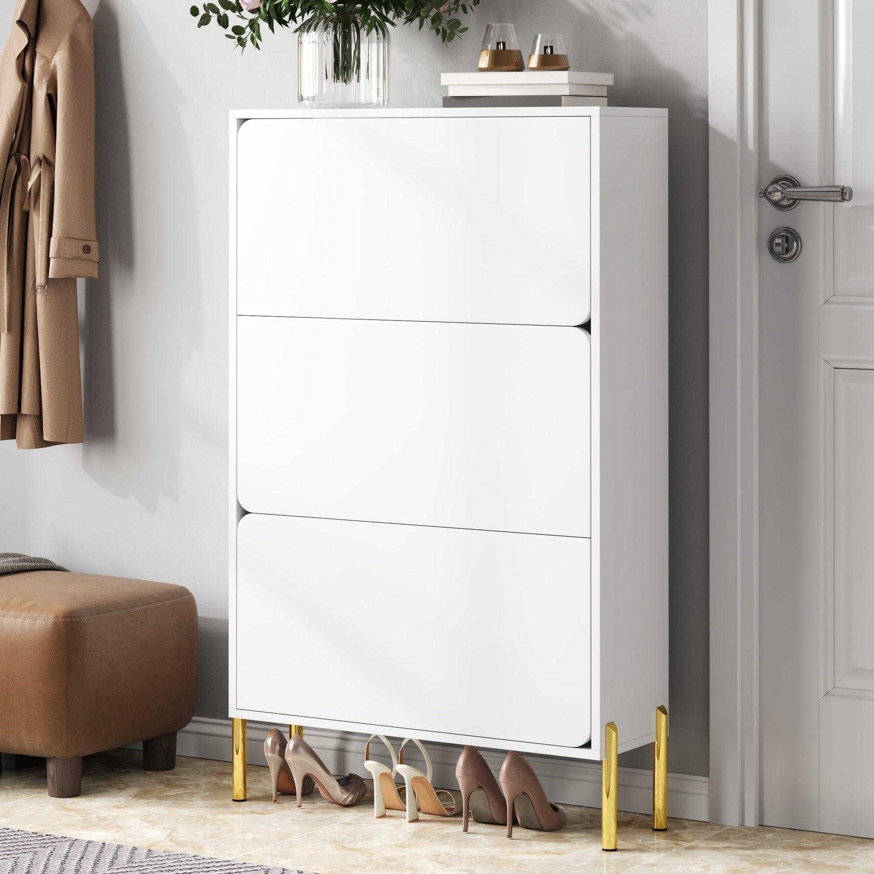 Modern Minimalist Shoe Cabinet with 3 Doors and Large Capacity, White and Gold