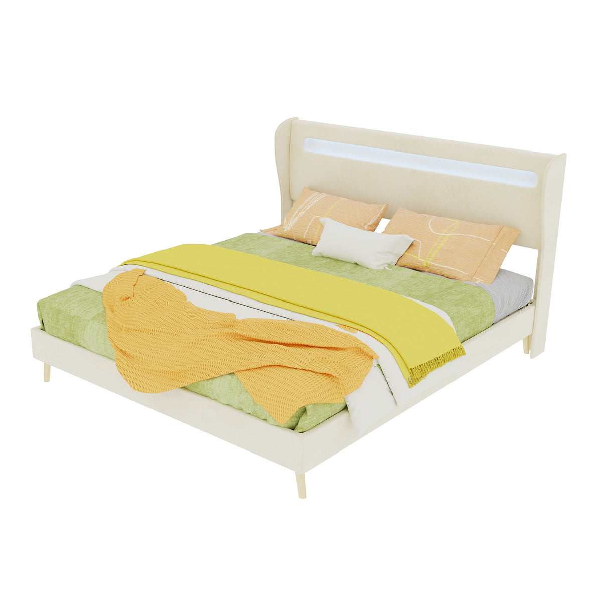 Modern Upholstered Bed with LED Headboard & Mattress, 160x200cm, Beige