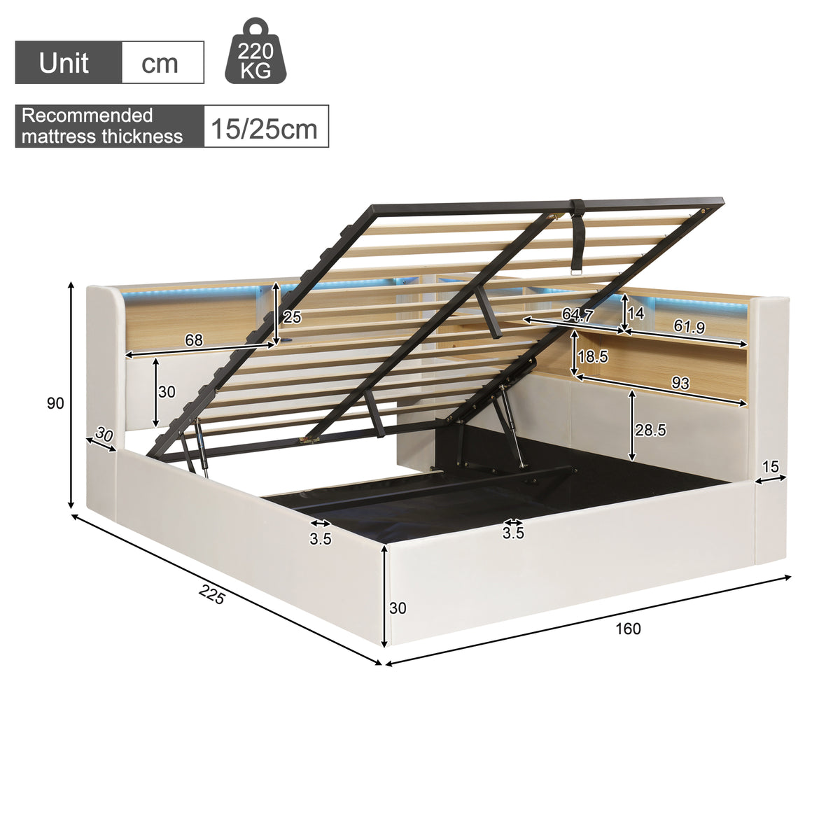 Daybed 140x200 cm with Storage, LED & USB, Beige Velvet