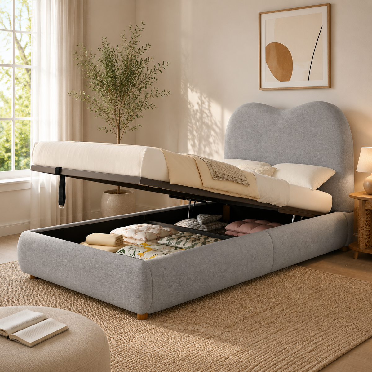 Upholstered Storage Bed 90x200cm with Hydraulic Lift, Grey Linen