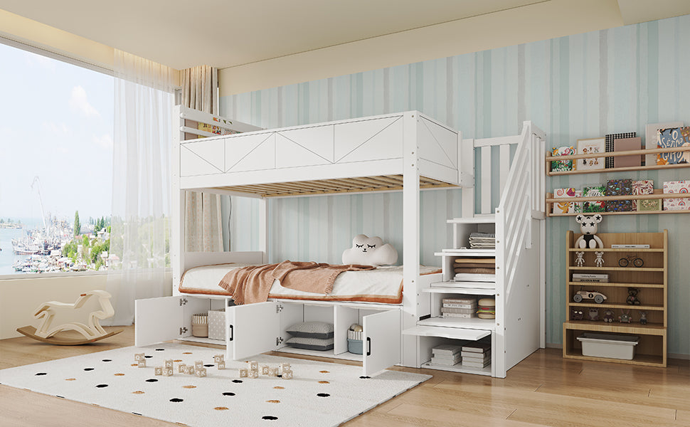 Bunk Bed 90x200 cm with Storage Stairs & Bookshelf, White