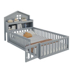 Children's Bed 90 x 200, Solid Wood Frame with Shelves, Storage, Safety Gate & Picture Rail, Grey