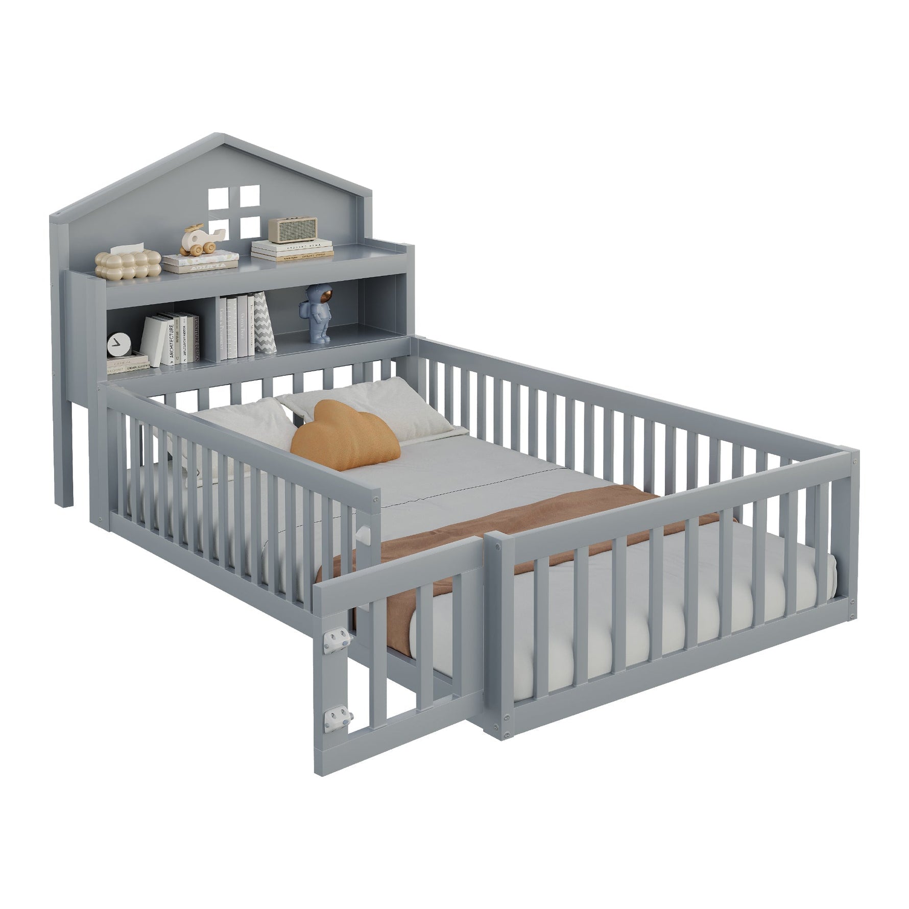 Children's Bed 90 x 200, Solid Wood Frame with Shelves, Storage, Safety Gate & Picture Rail, Grey