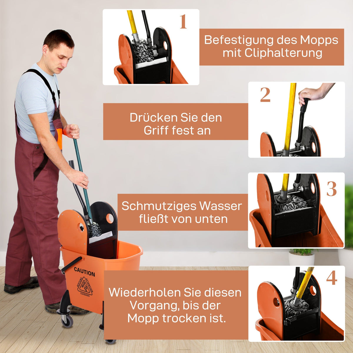 Cleaning Cart with Wringer, 26 Liter Mobile Bucket, 4 Wheels, Orange