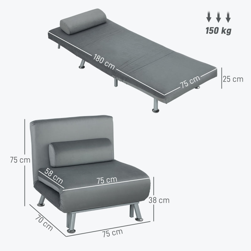 Folding Recliner Chair, Bed Function, Adjustable Backrest, Velvet, Grey