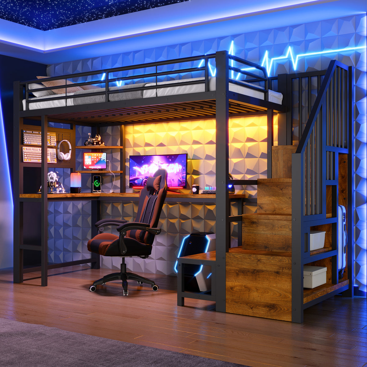 Loft Bed 90x200cm with Desk, LED Lighting & Storage, Black