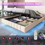 Upholstered Bed 160x200cm Hydraulic Floating Frame Storage LED Light, Linen Beige
