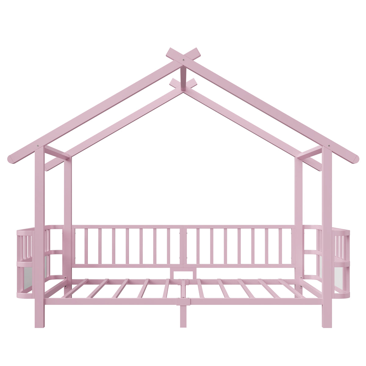 House Children's Bed Frame 90x200cm with Safety Rail, Pink Metal