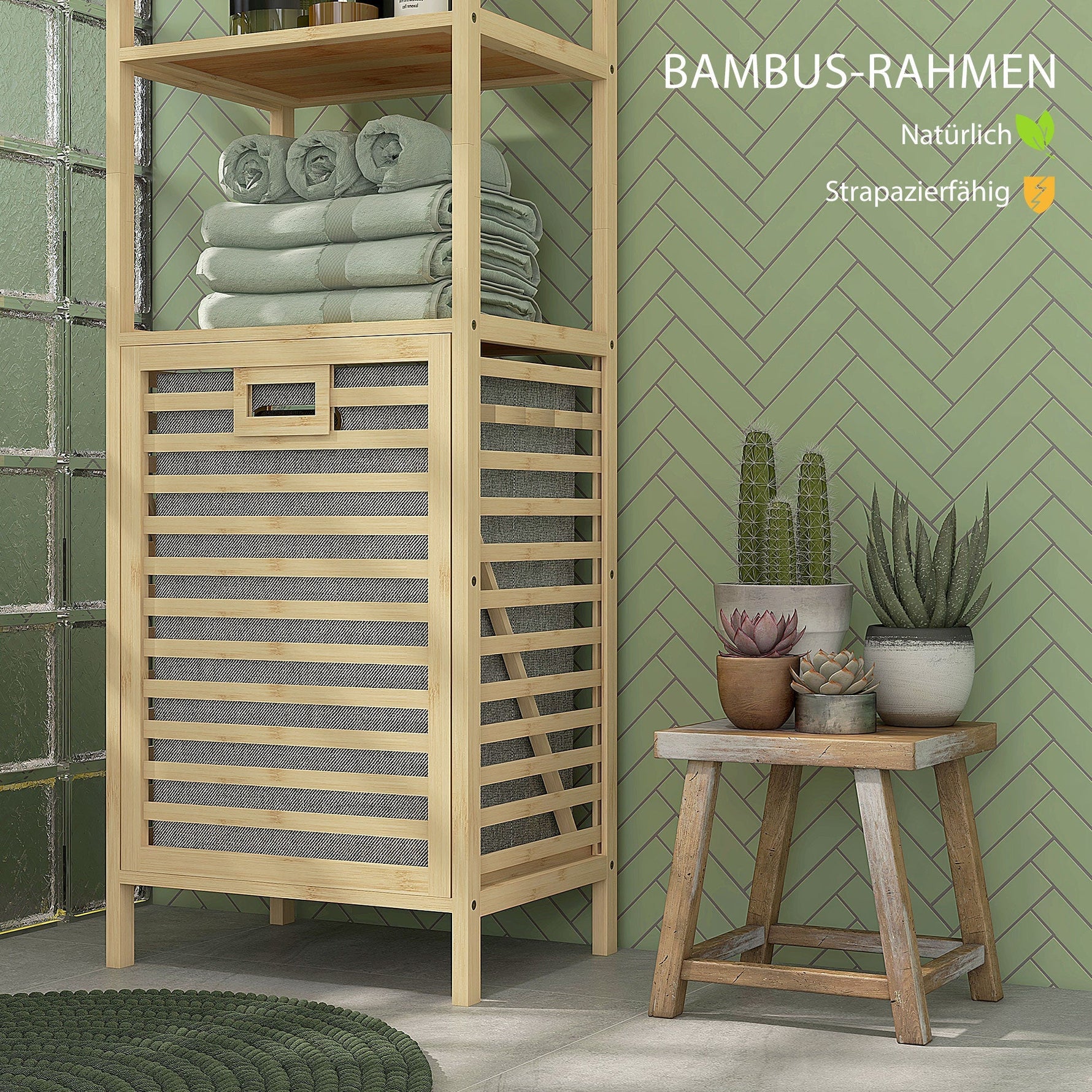 Bamboo Bathroom Shelf, 3 Open Shelves, Extendable Basket, Natural