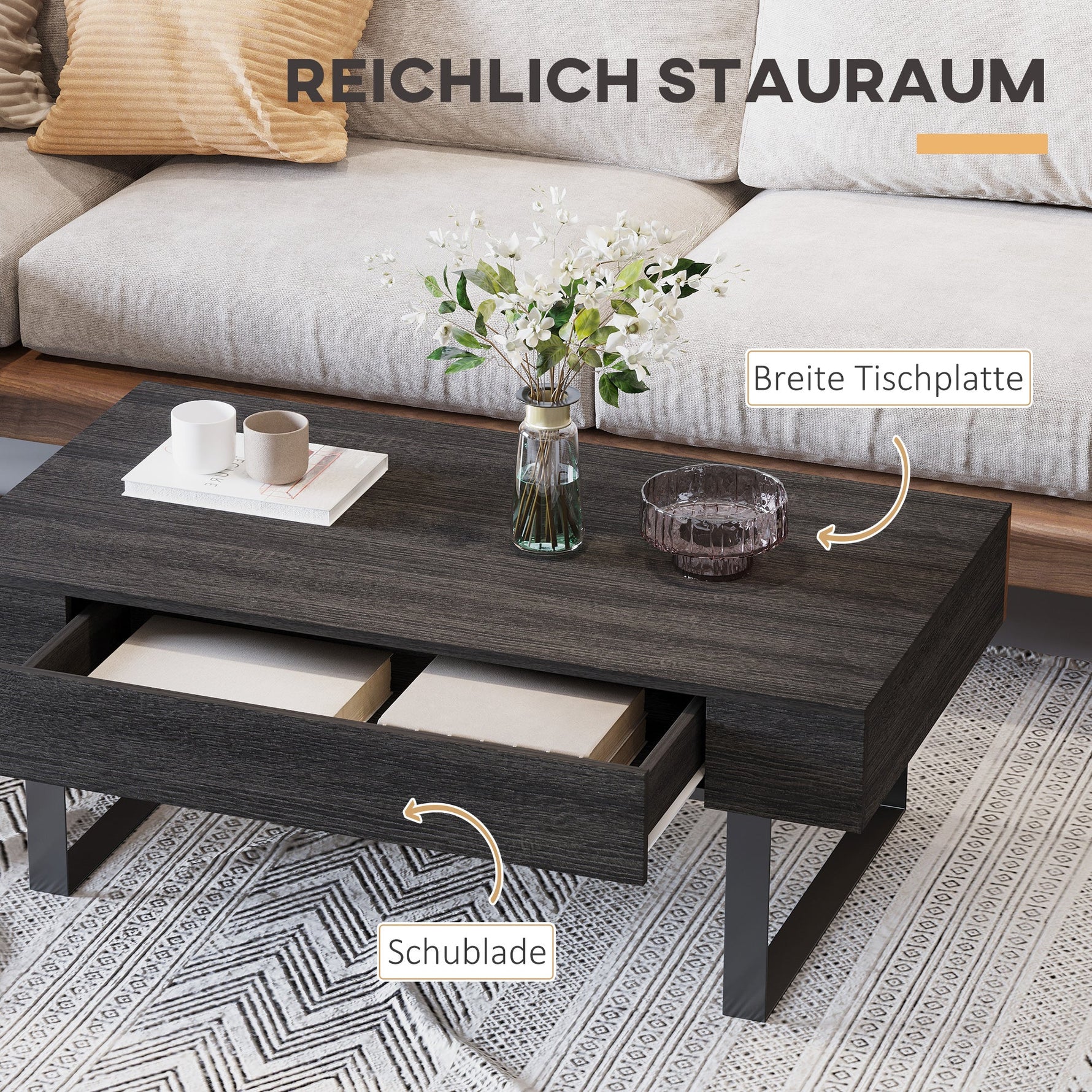 Coffee table side table with drawer & shelves, sturdy steel frame, modern design