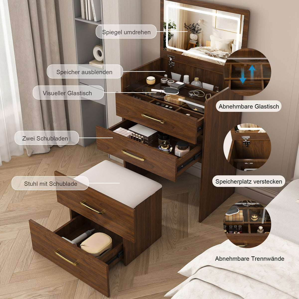 3-in-1 Dressing Table Set with 3 Drawers & Mirror, Clear Glass