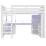 Loft Bed 140x200cm LED Lights Wardrobe Desk Drawers Storage - White