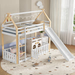 Bunk Bed with Slide & Ladder, Roof Shape, Pine + MDF + Plywood, White + Natural