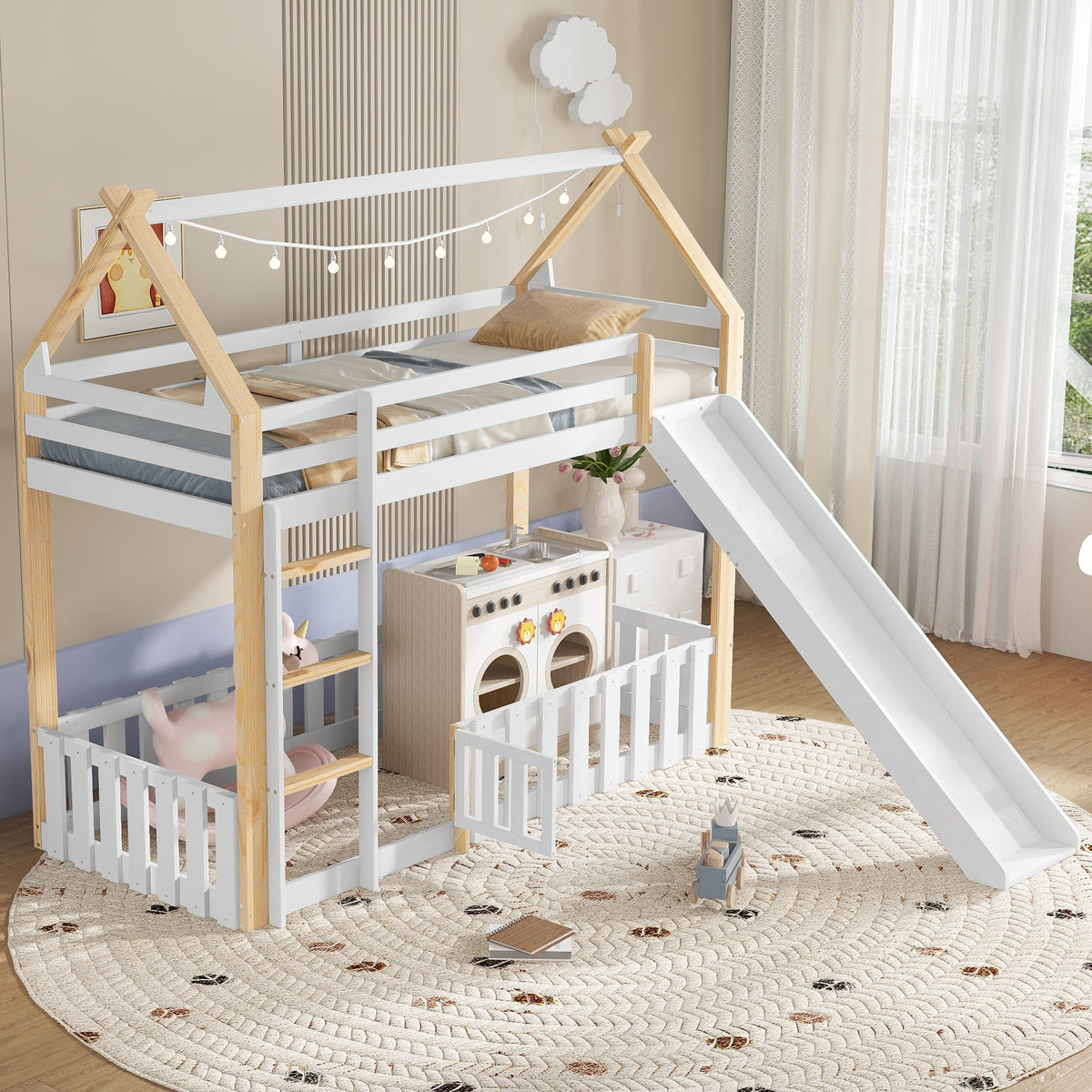 Bunk Bed with Slide & Ladder, Roof Shape, Pine + MDF + Plywood, White + Natural