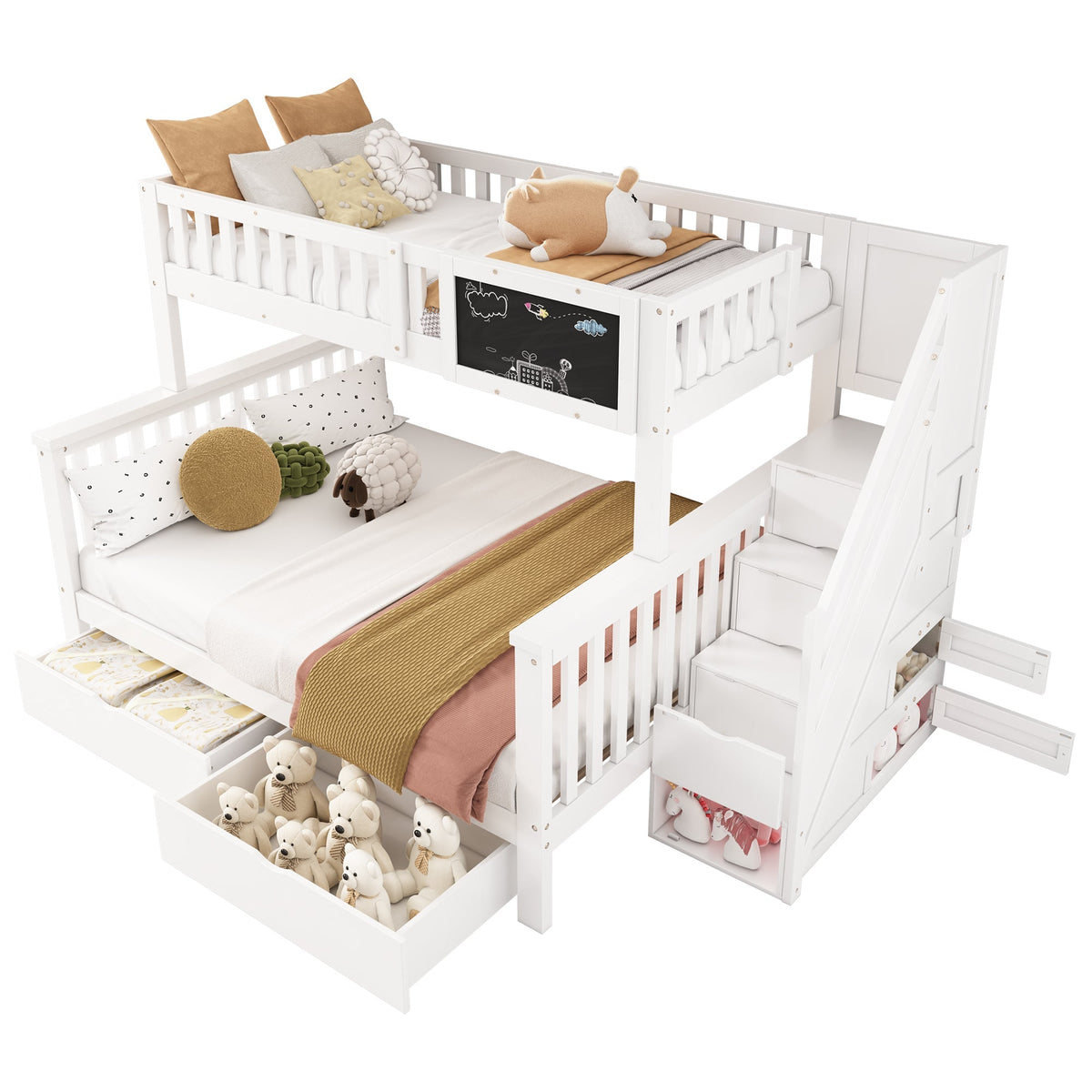 Multifunctional Children's Bunk Bed with Chalkboard and Drawers, 90x200cm and 140x200cm, White