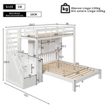 Children's Bunk Bed with Storage Stairs and Movable Side Table, 90x200cm and 140x200cm, White