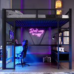 Metal Play Loft Bed with USB, LED, Desk and Wardrobe, 140x200cm, Black Metal