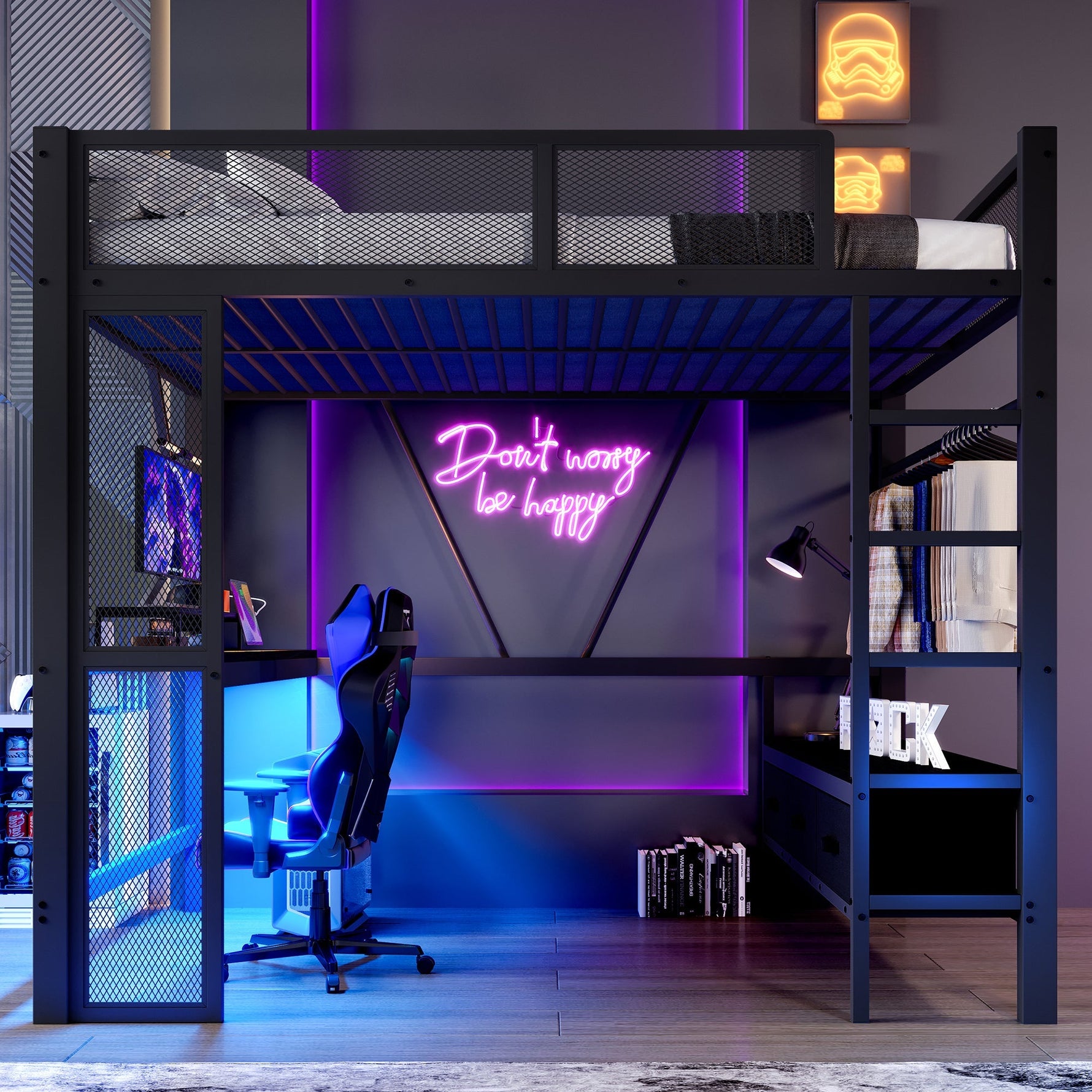 Metal Play Loft Bed with USB, LED, Desk and Wardrobe, 140x200cm, Black Metal