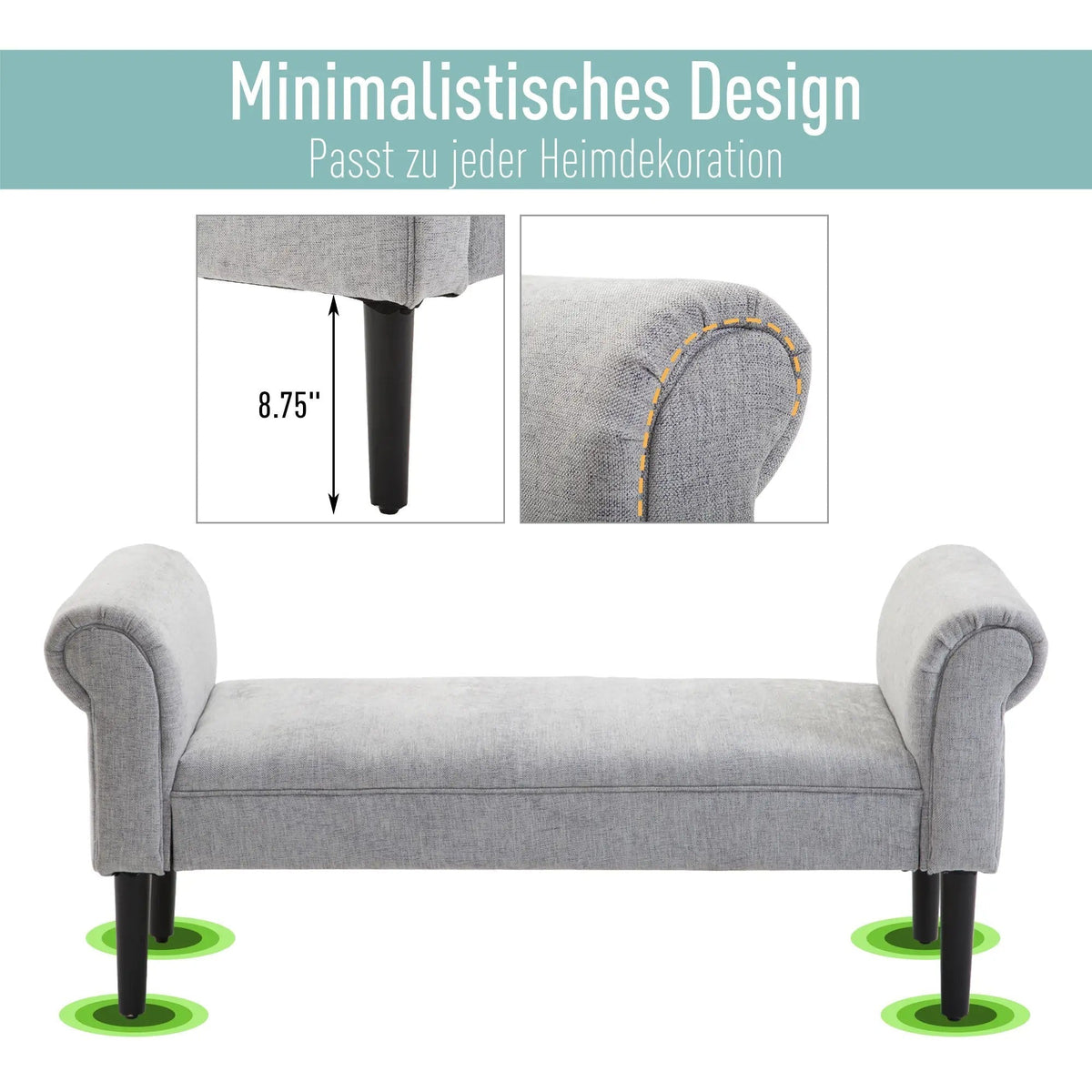 Upholstered Bench, Lounge & Hallway Seating, Linen Fabric, Light Grey