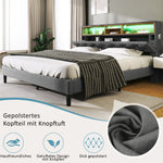 Upholstered Double Bed, Storage Headboard LED Lighting Wooden Frame 140x200cm, Grey