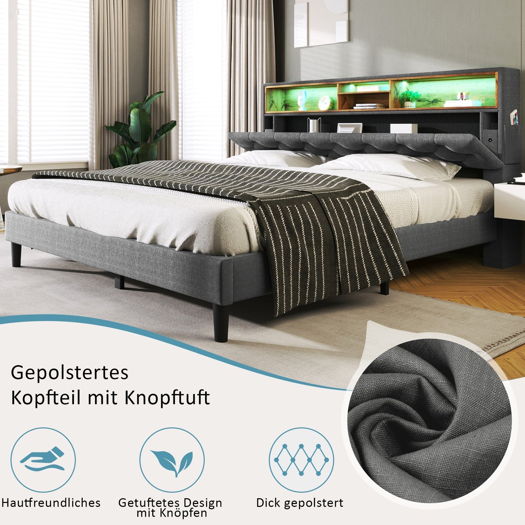 Upholstered Double Bed, Storage Headboard LED Lighting Wooden Frame 140x200cm, Grey