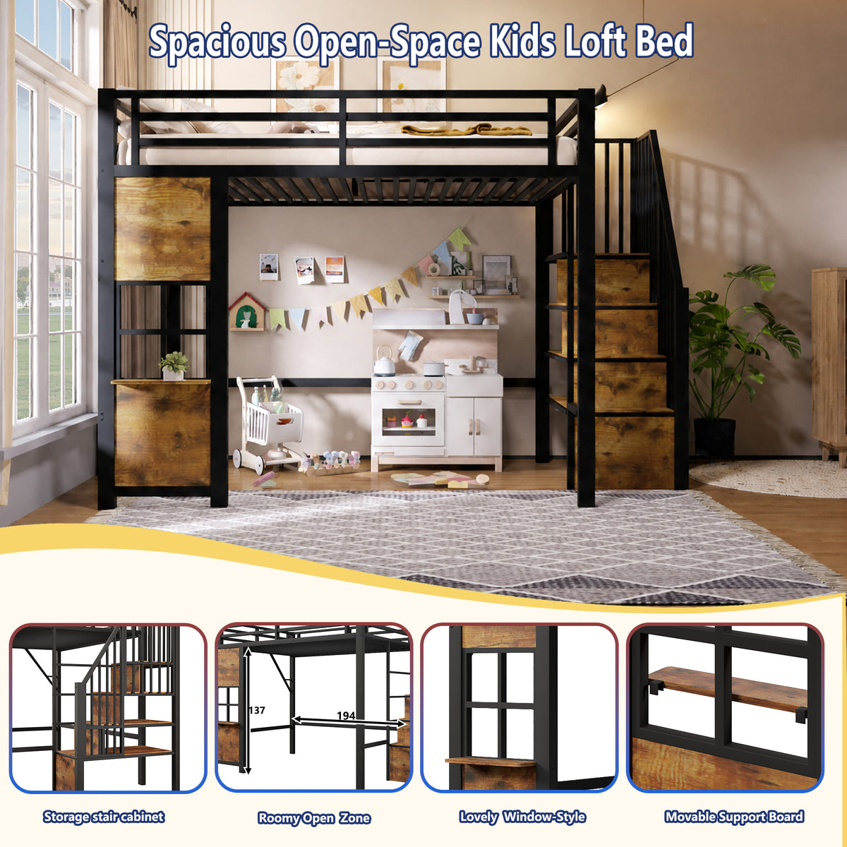 Loft Bed 90x200cm with Storage Ladder & Railing, Black Iron