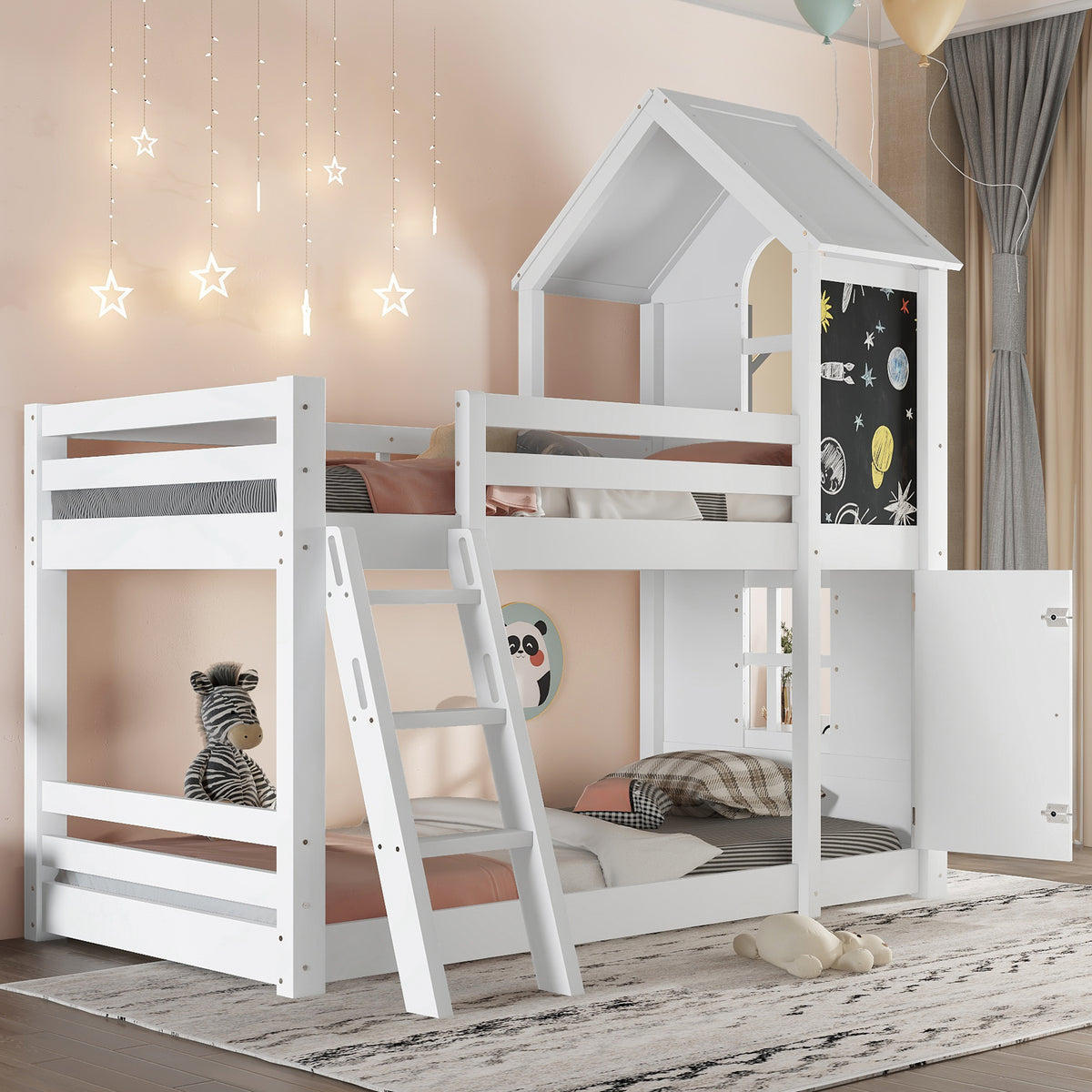 Children's Bunk Bed with Windows & Chalkboard, White Pine
