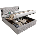 Upholstered Storage Bed with Downlight, USB Port and Slatted Base, 160x200cm, Grey Linen