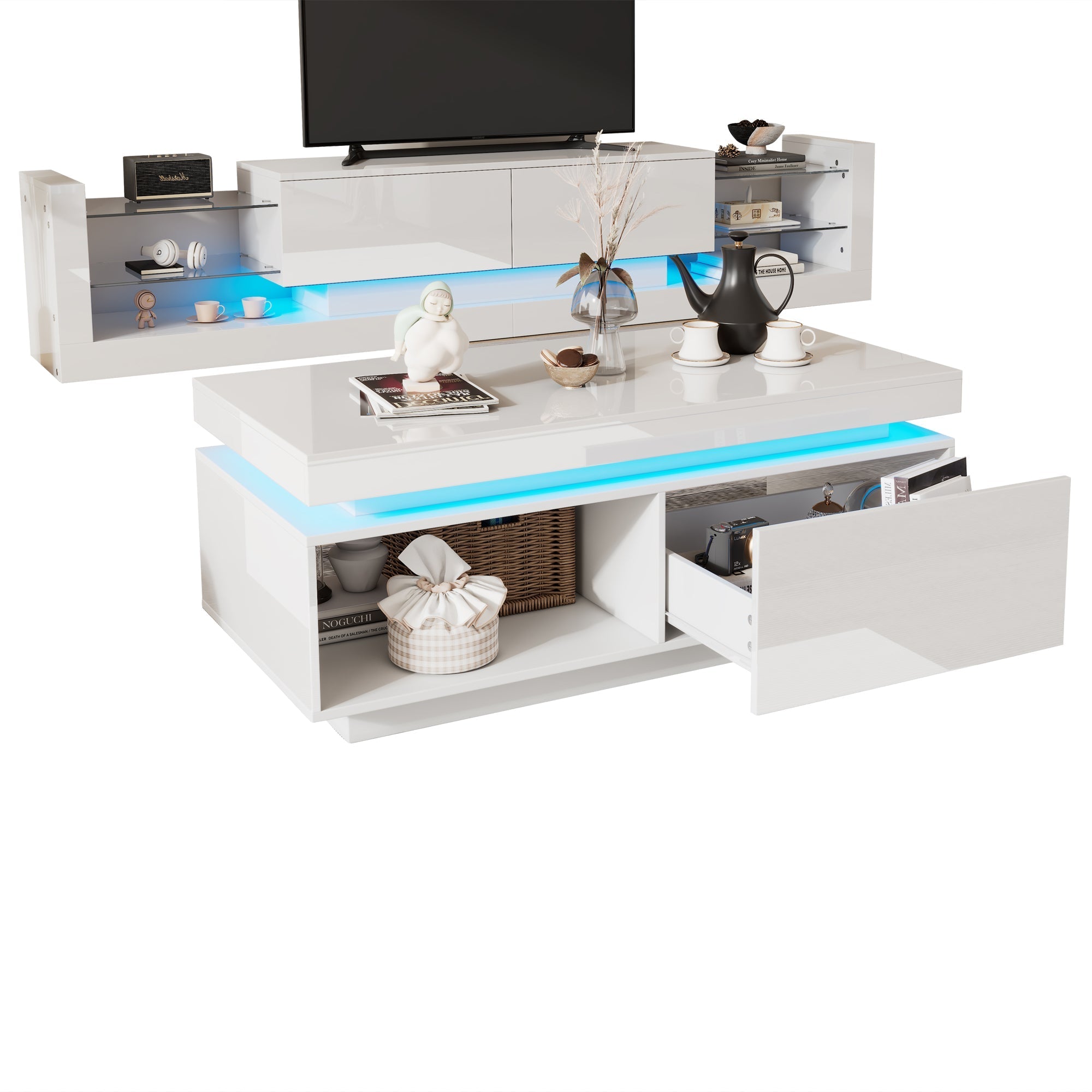 High-gloss TV Cabinet Set + Coffee Table, Living Room Wall Unit, White