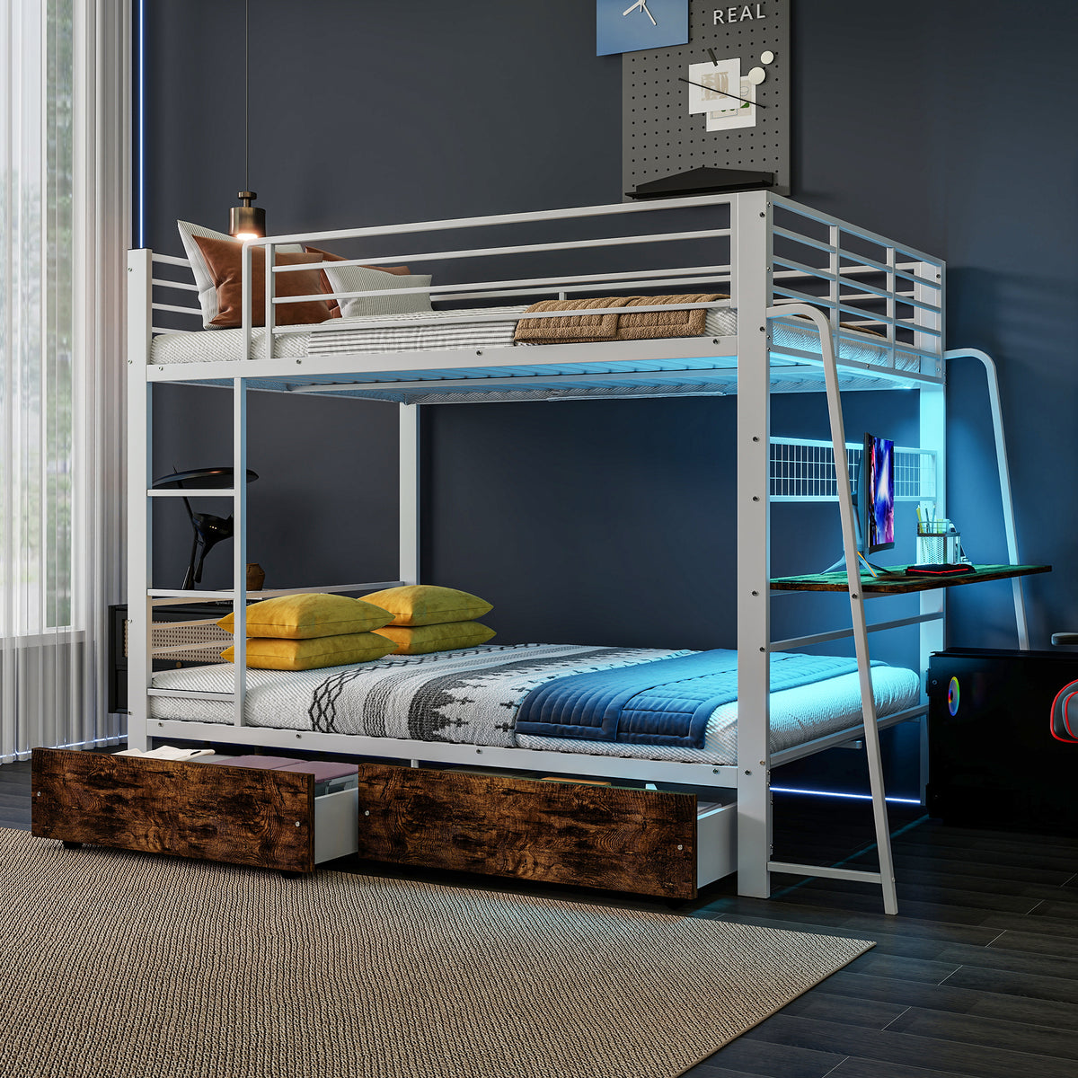Loft Bed 140x200 cm with Desk, 2 Drawers & LED, White Metal