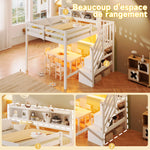 Loft Bed 140x200cm with LED Lights & Storage Ladder, White