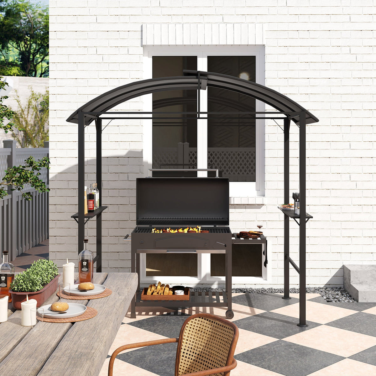 Grill Pavilion, Double Roof Windproof Shelves UV Protection, Dark Grey Steel