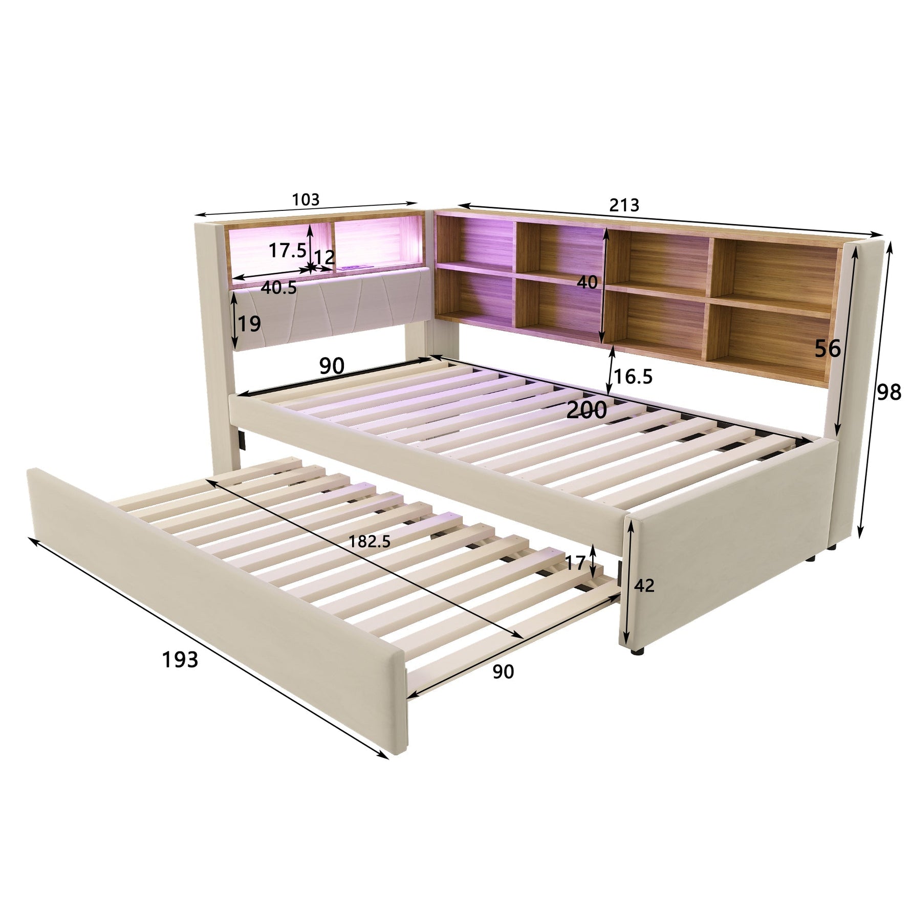 Sofa Bed 90x200 Pull-Out LED Storage Multifunctional Flannel Beige