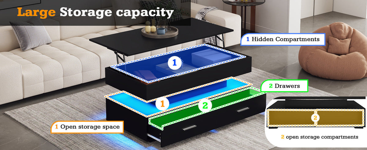 Coffee Table, Hydraulic Height-Adjustable with LED & Bluetooth, 2 Drawers, Black