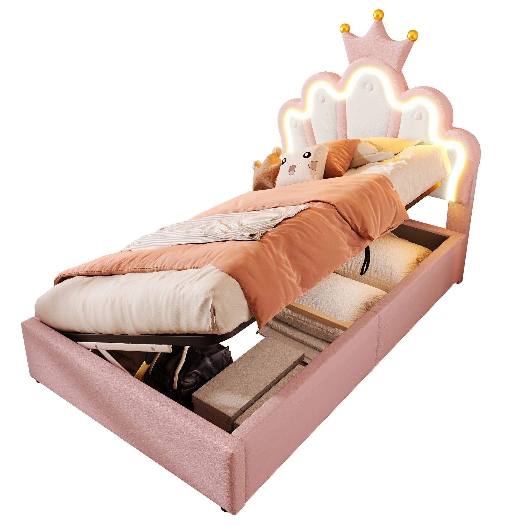 Upholstered Bed 90x200cm Hydraulic Storage LED Crown Shape Adjustable Headboard - PU Pink